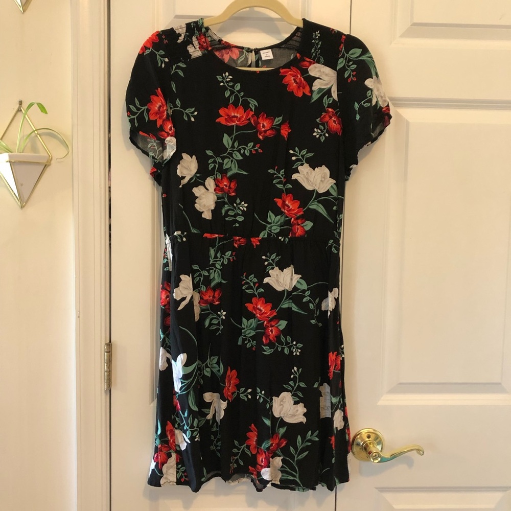 Old Navy | Black Floral Print Cap Sleeve Dress Medium